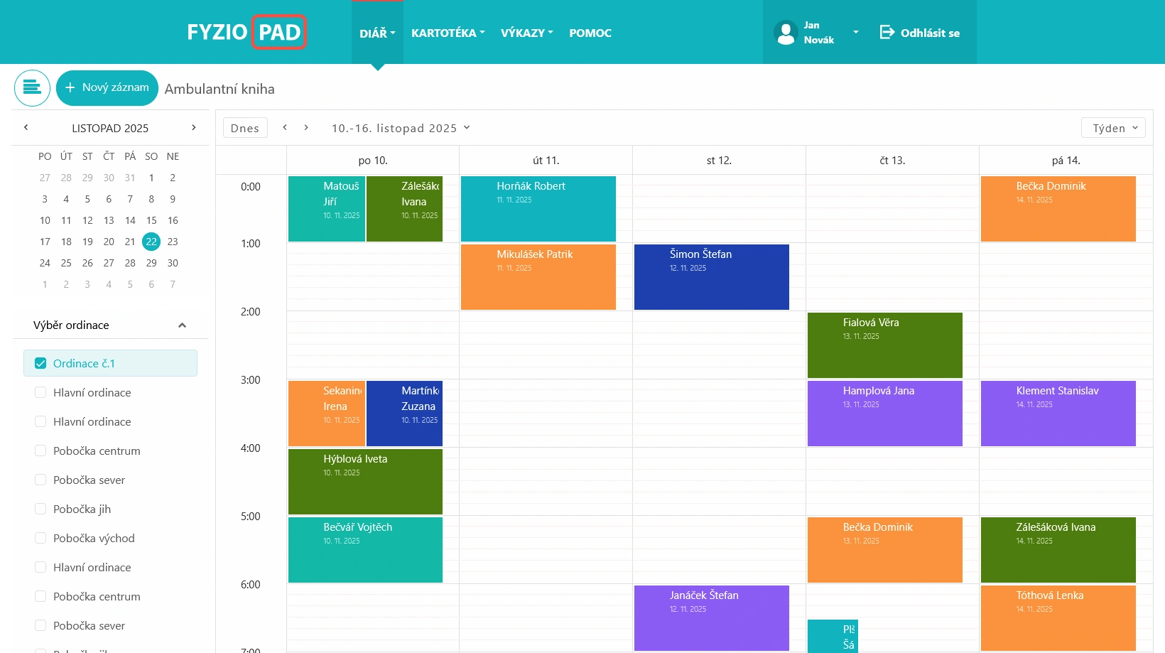 Screenshot ambulantní knihy v FYZIOPAD aplikaci