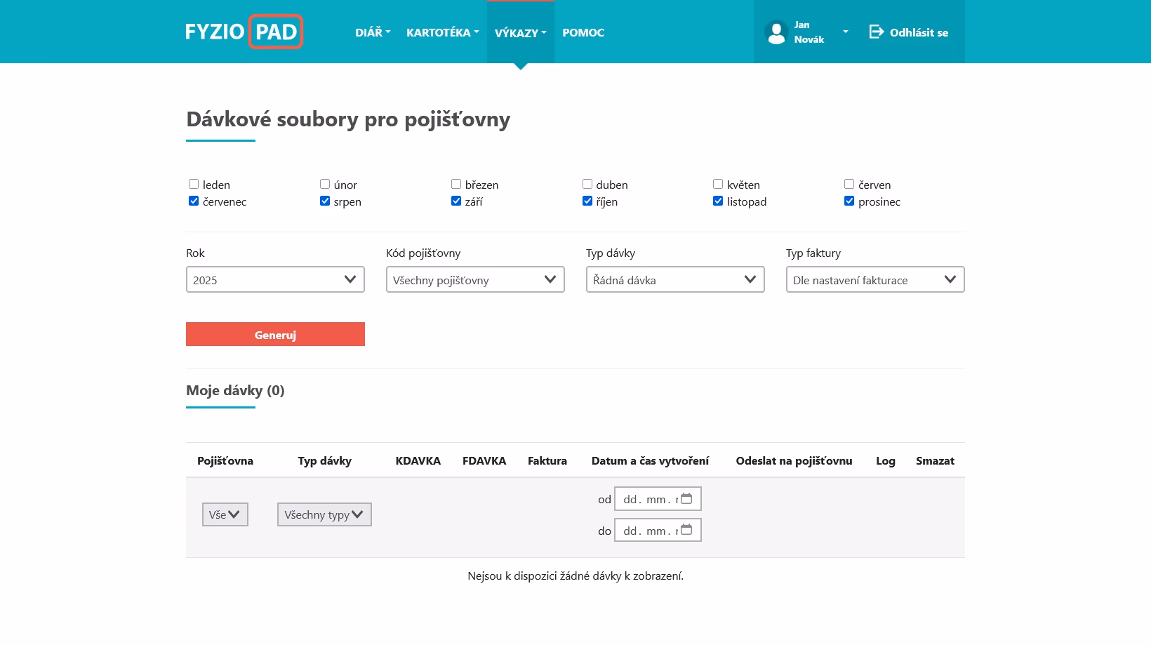 Screenshot of batch files for insurance companies in FYZIOPAD application