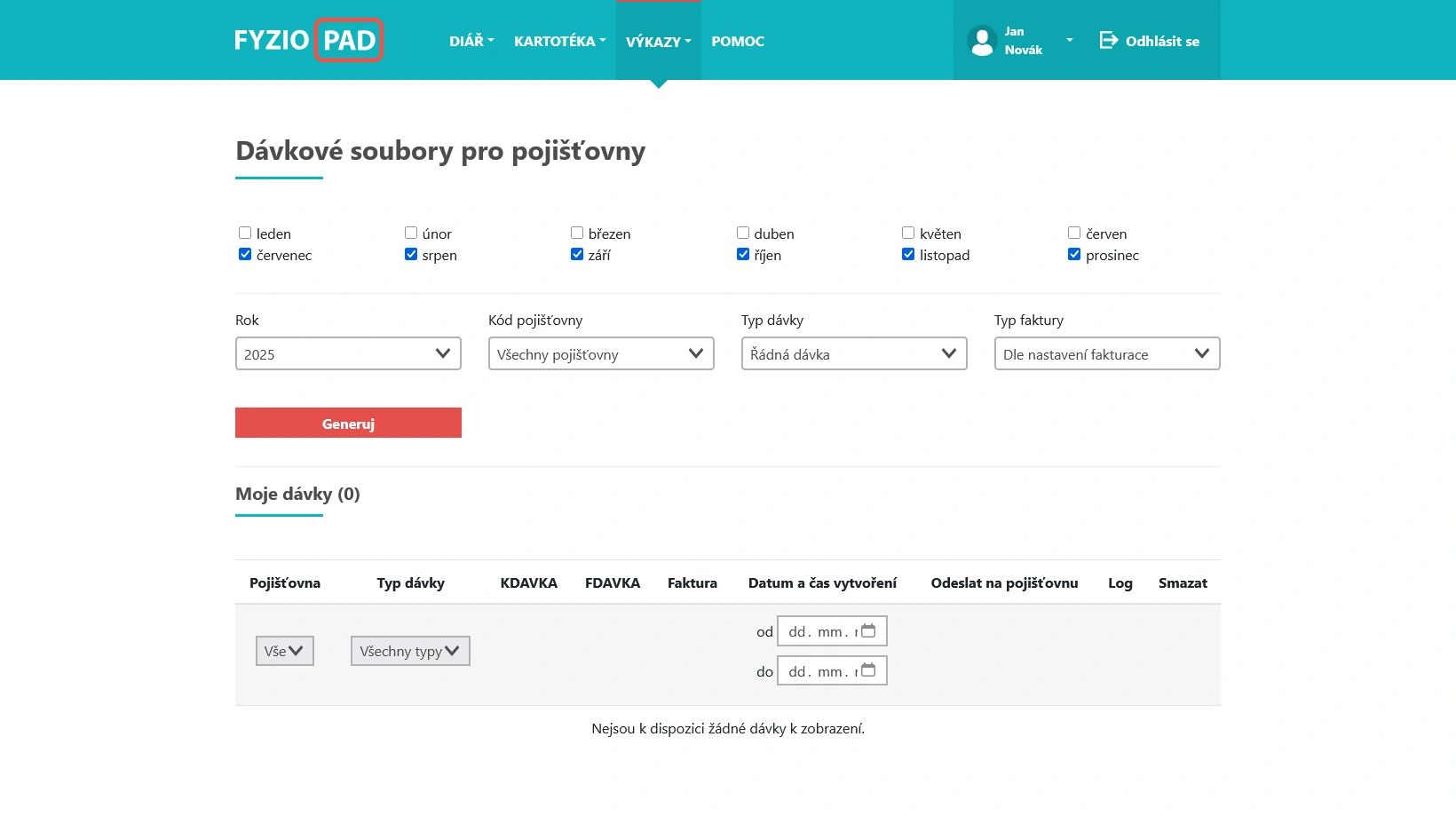 Screenshot dávkových souborů pro pojišťovny v FYZIOPAD aplikaci
