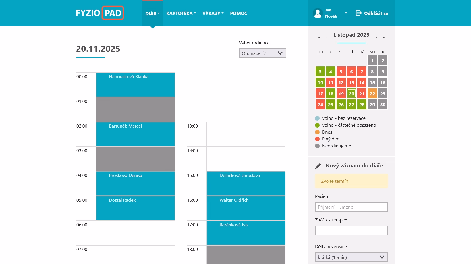 Screenshot of diary in FYZIOPAD application