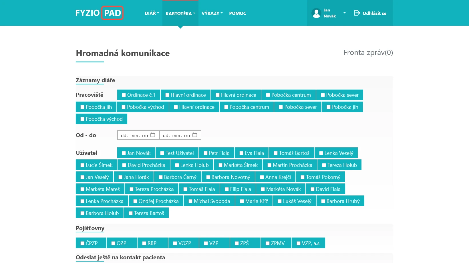 Screenshot hromadné komunikace v FYZIOPAD aplikaci