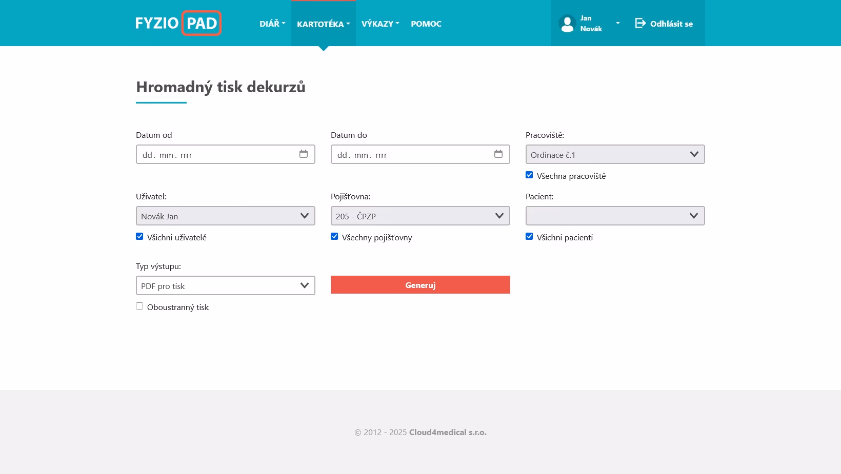 Screenshot of bulk printing of deductibles in FYZIOPAD application