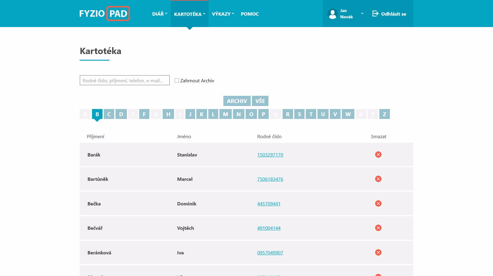 Screenshot of patient records in FYZIOPAD application