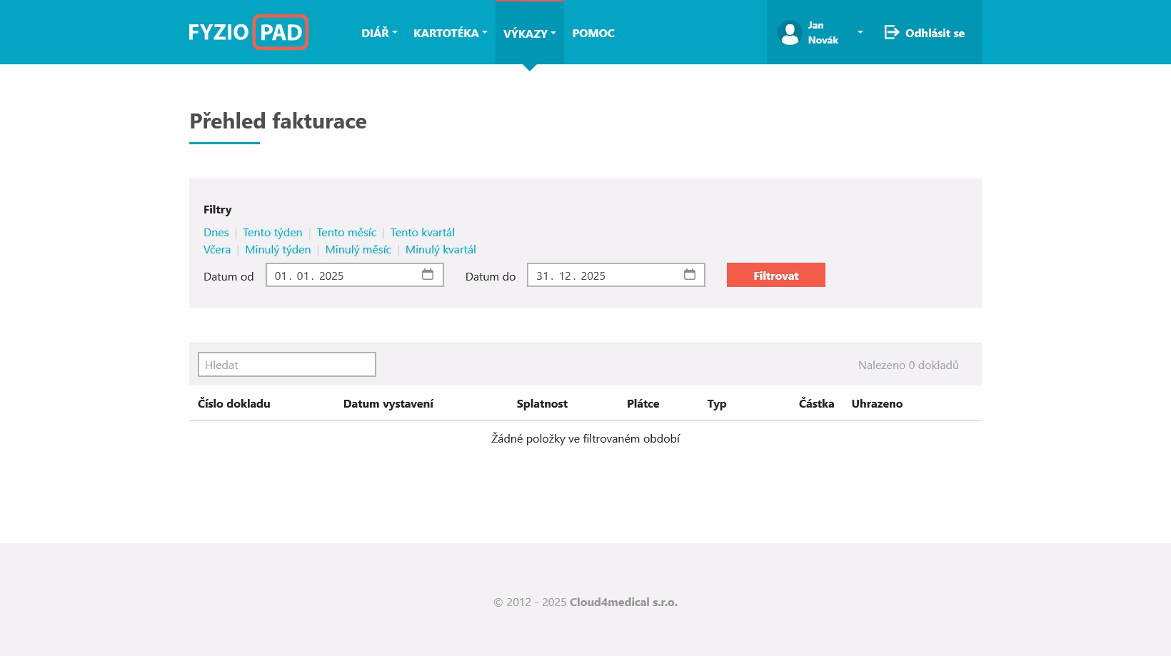 Screenshot of billing overview in FYZIOPAD application