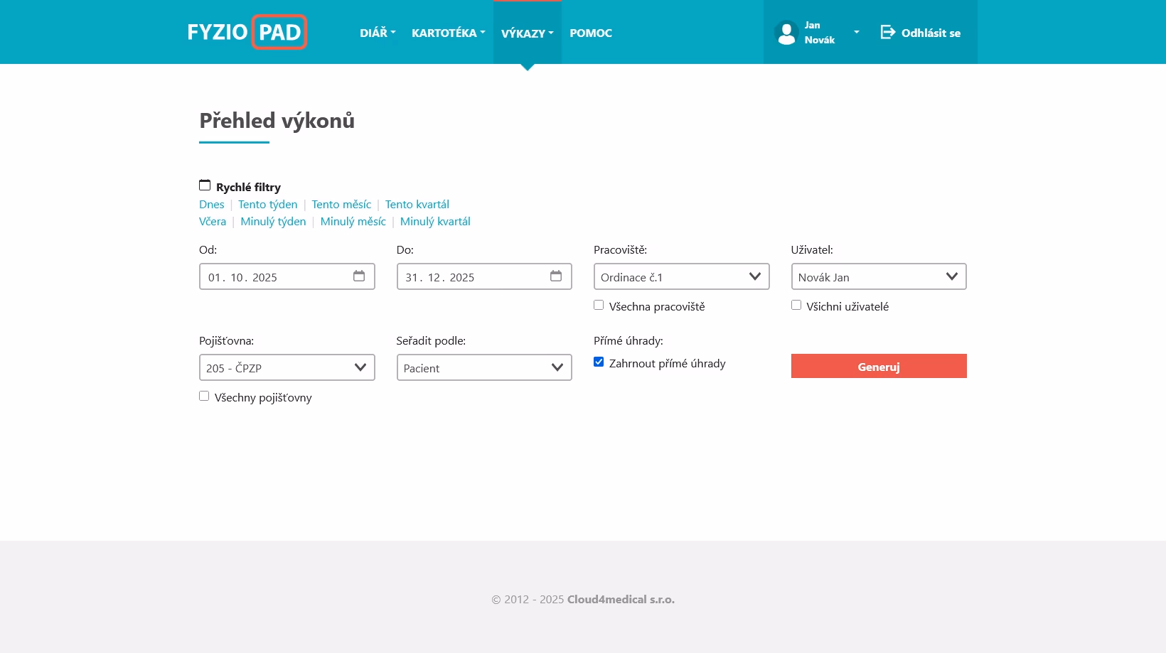 Screenshot of procedures overview in FYZIOPAD application