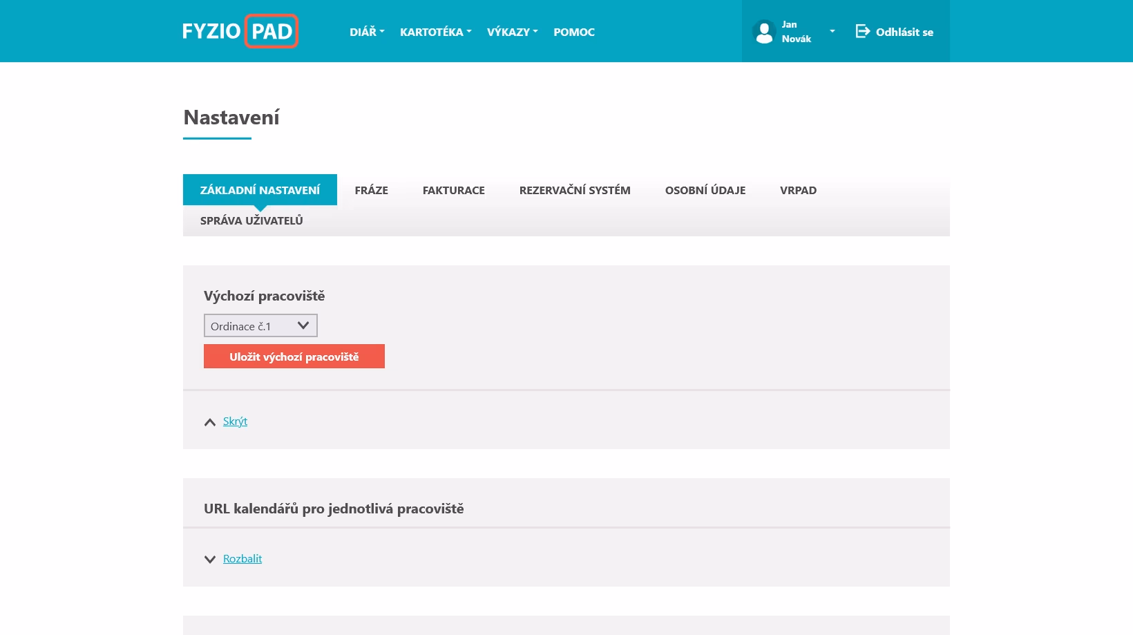 Screenshot of settings section in FYZIOPAD application