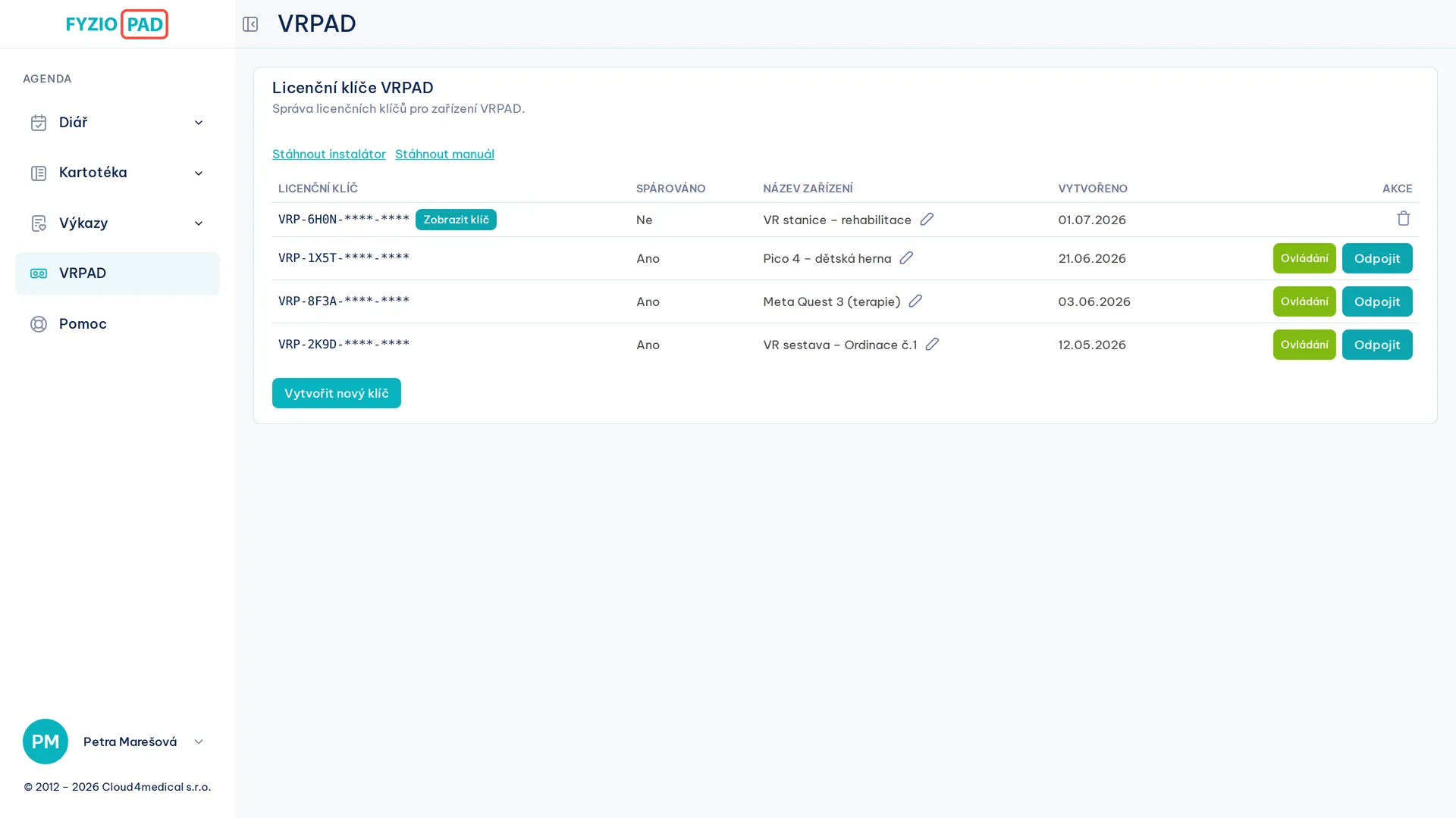 Screenshot VRPAD v FYZIOPAD aplikaci