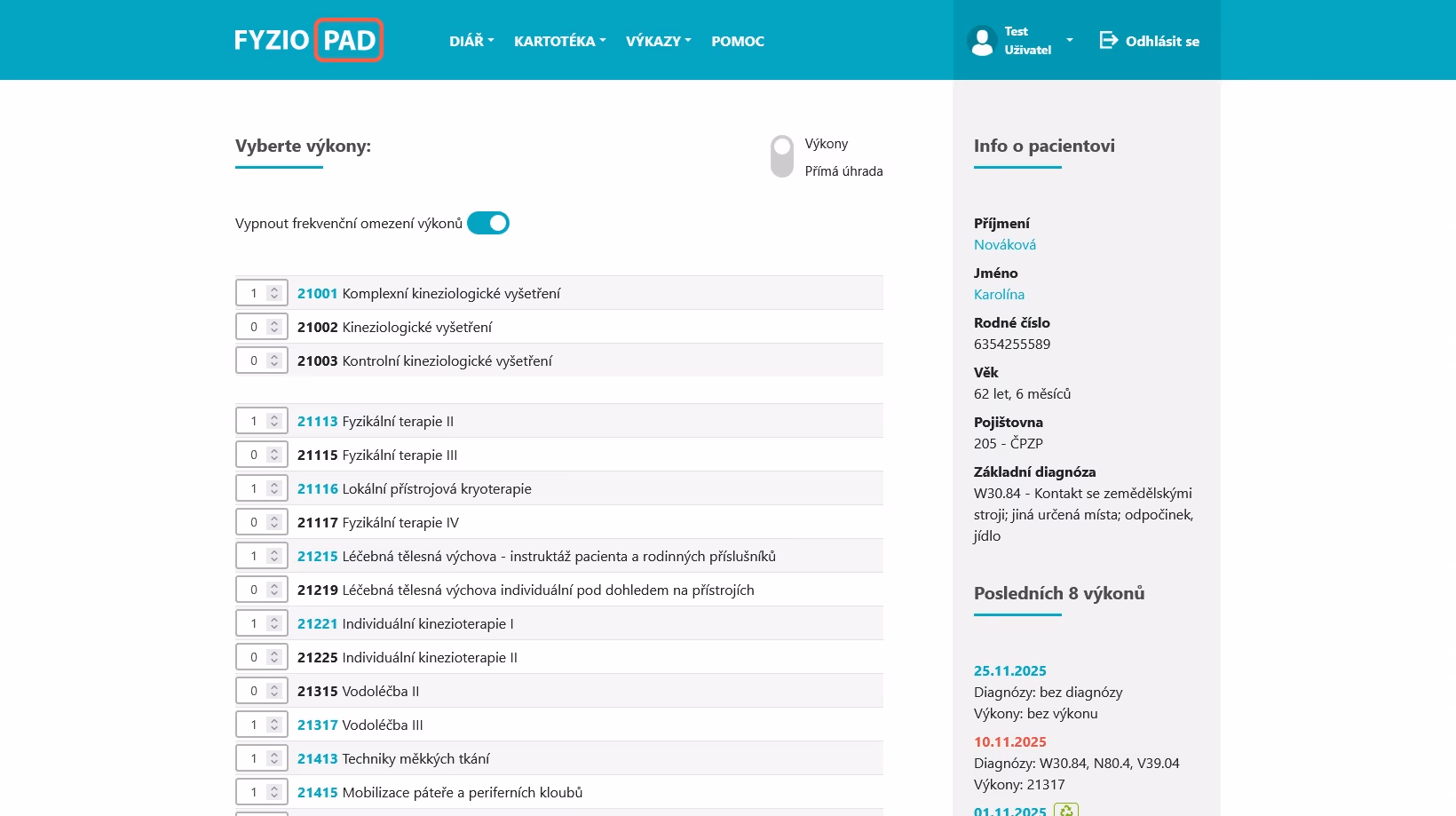 Screenshot of reporting procedures in FYZIOPAD application