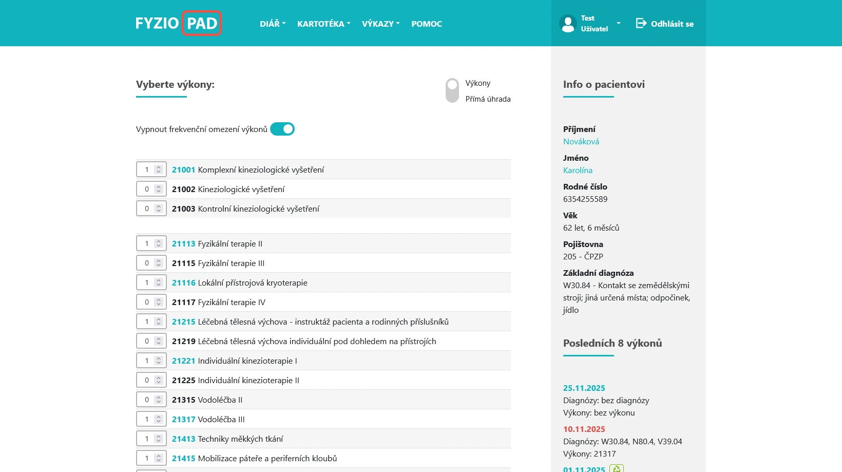 Screenshot vykazání výkonů v FYZIOPAD aplikaci