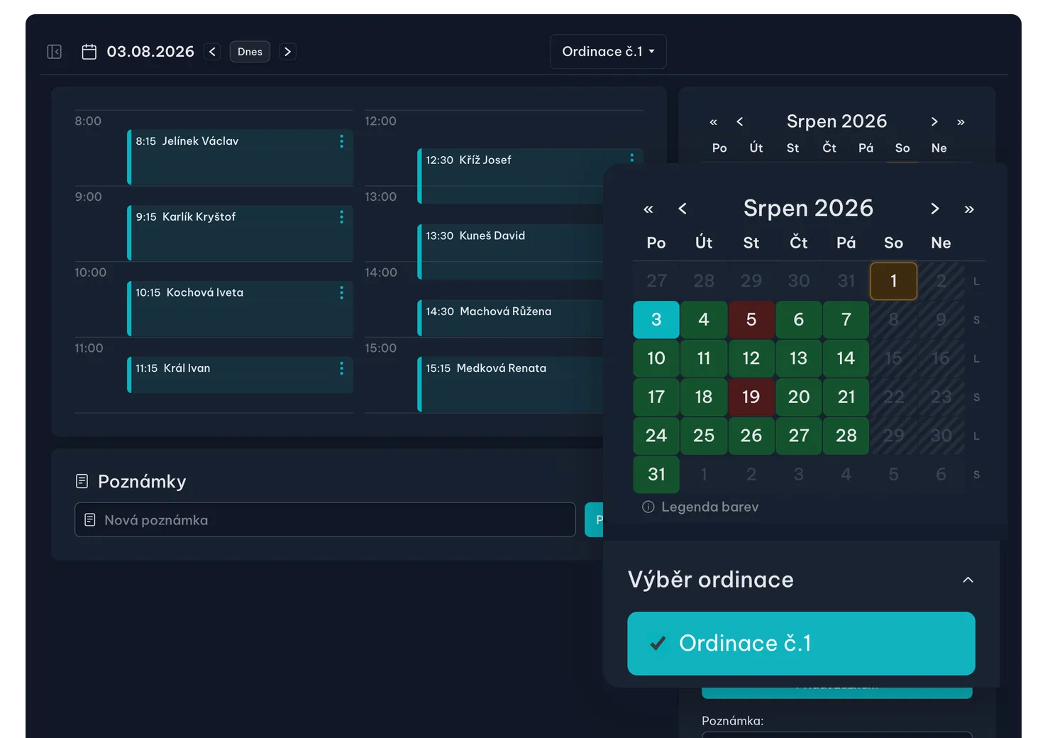 Kalendář a plánování terapií v FYZIOPAD