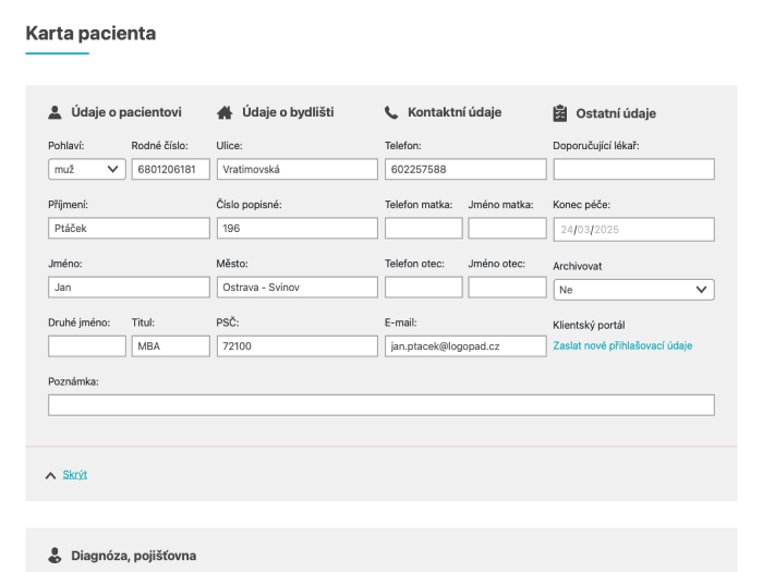 Karta pacienta v FYZIOPAD aplikaci